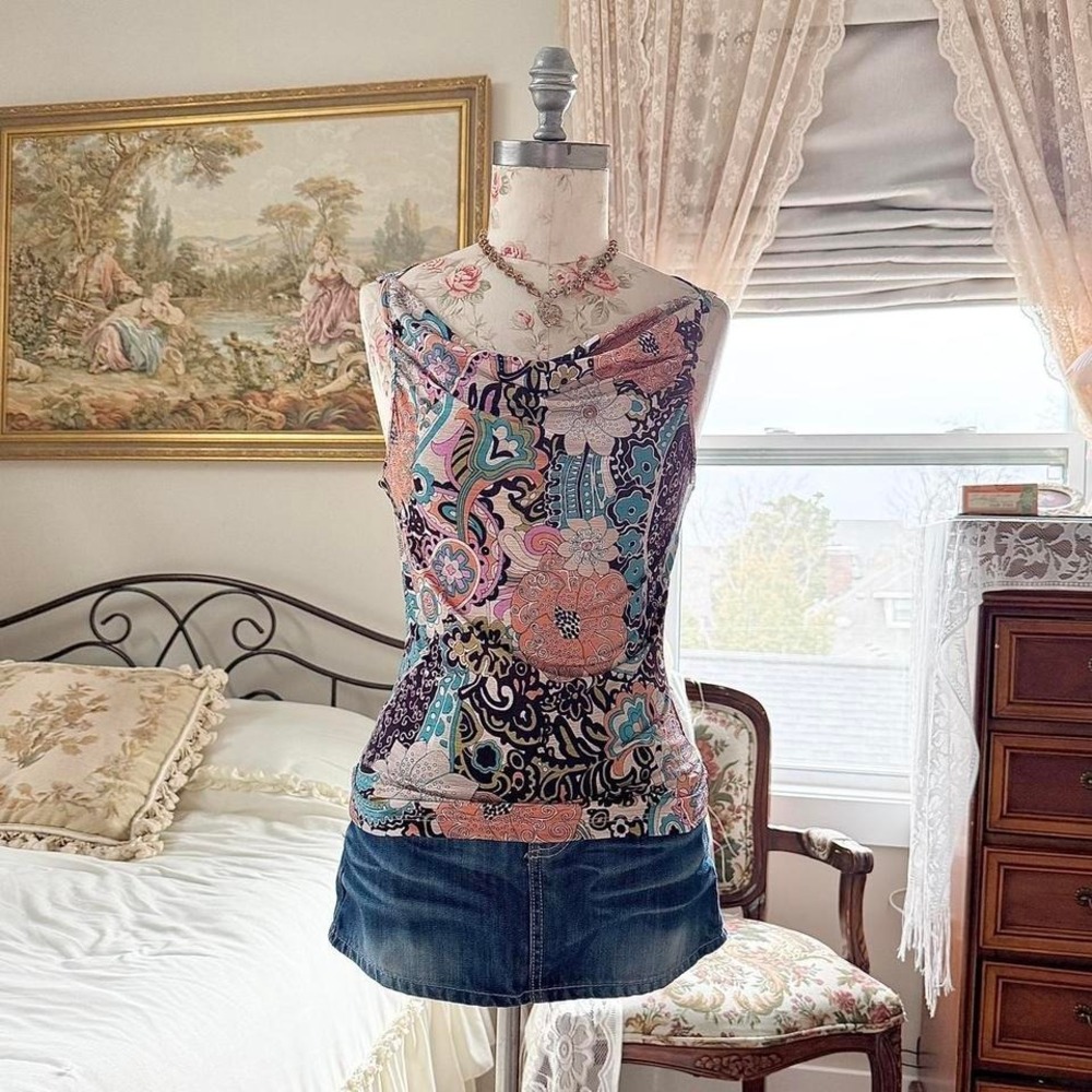 Printed Cowl Neck Tank Top in Multicolor